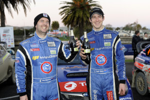 Co-driver Rawstorn (left) and Hunt celebrate the win. PHOTO: Geoff Ridder